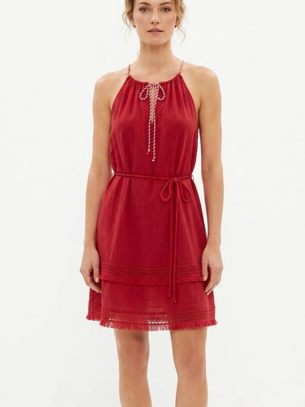 Nikibiki Lavender Halter Mini Dress Large Red Embroidered Rayon Resort Summer